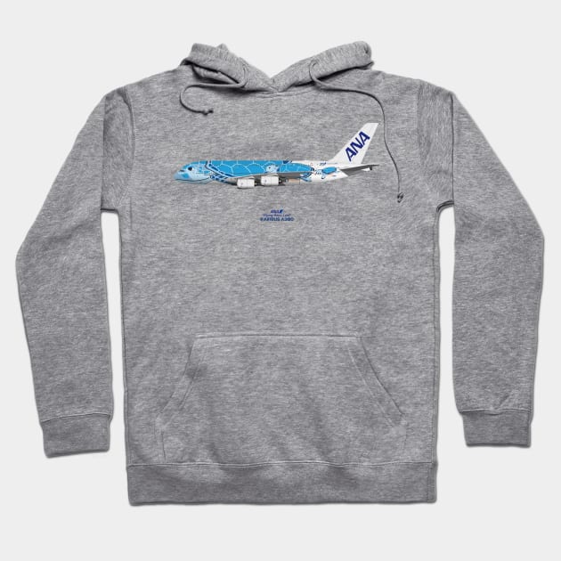 Illustration of ANA Airbus A380 - Flying Honu Lani Hoodie by SteveHClark